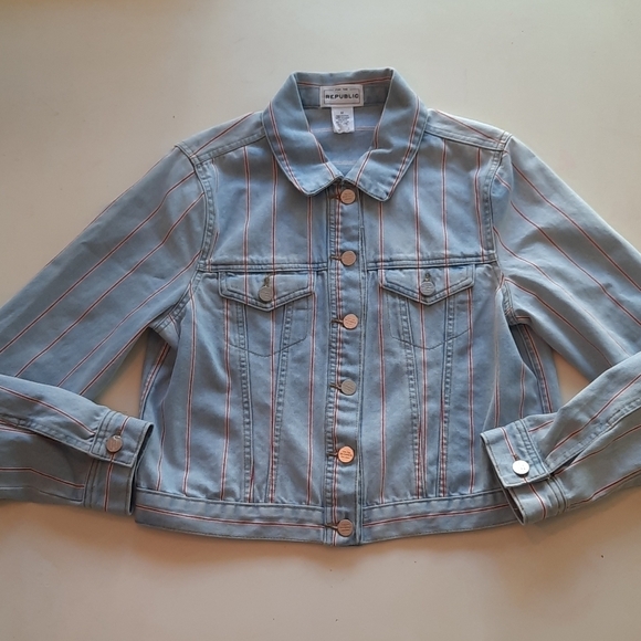 For the Republic blue denim jean jacket red medium - Picture 1 of 8